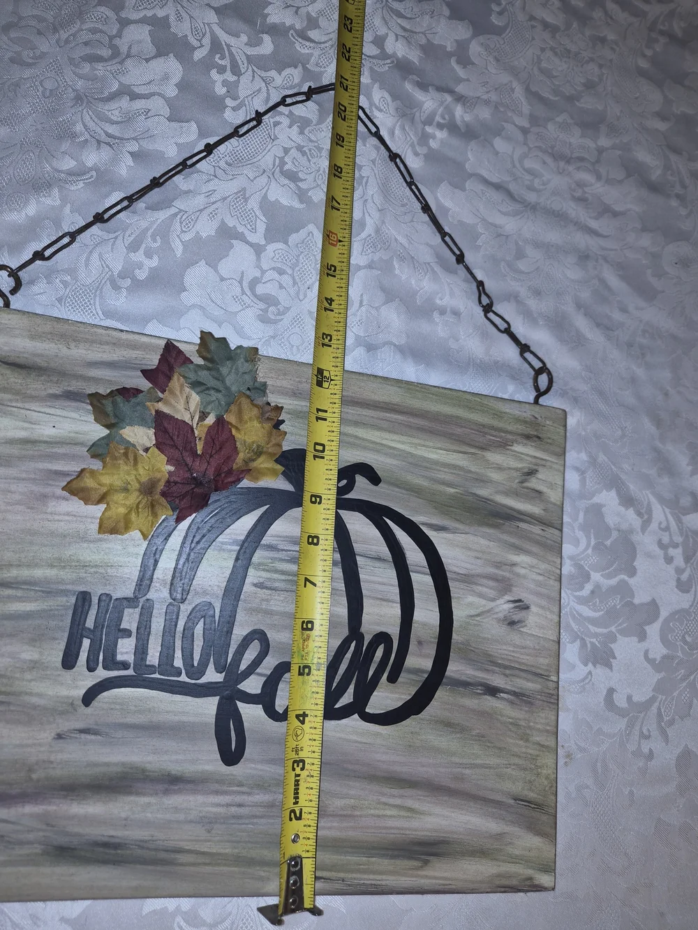 Hello Fall Pumpkin Wall Sign in Black and Autumn Leaf Colors